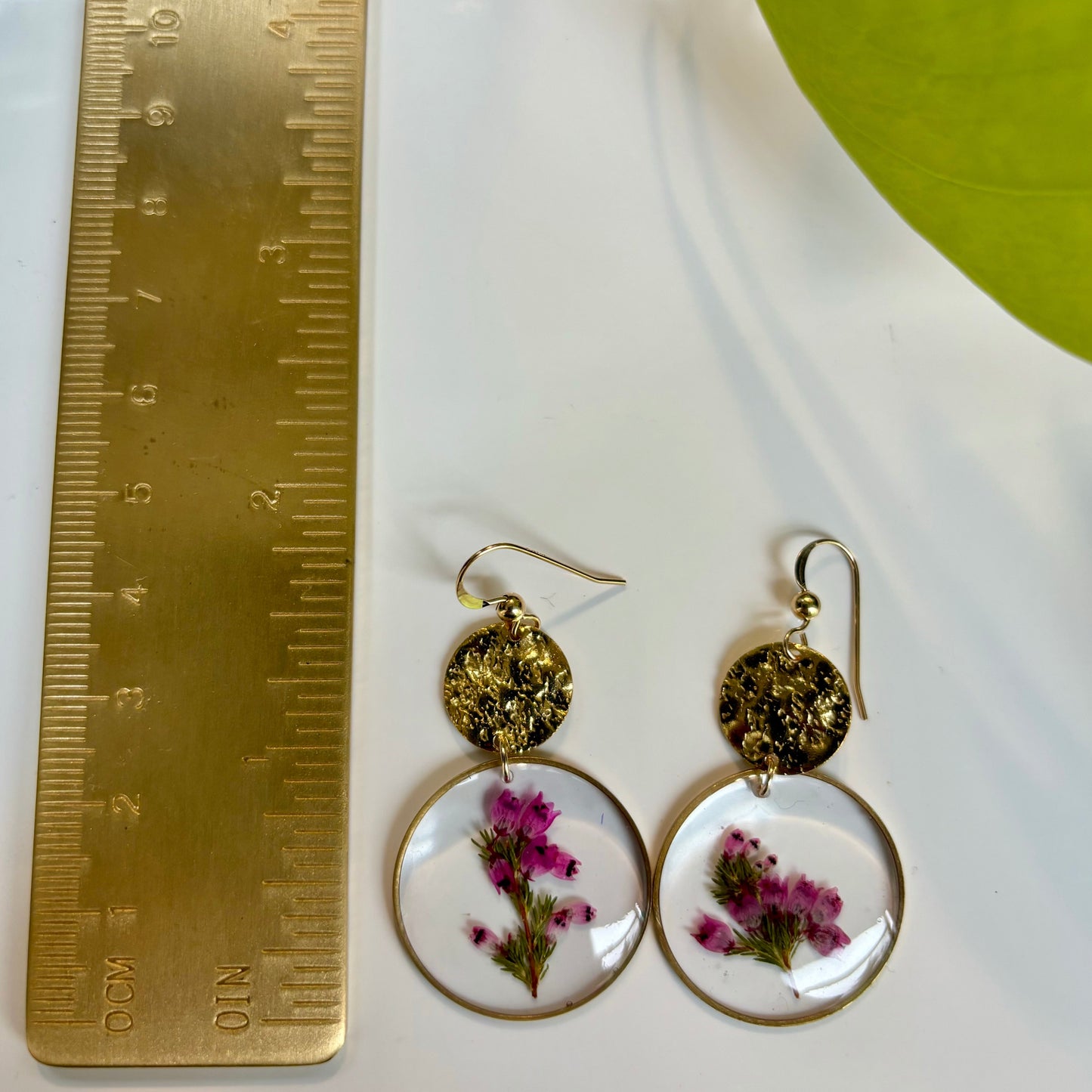 Round Heather Earrings with Hammered Brass