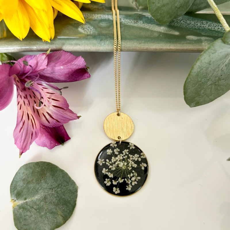 Queen Anne's Lace Necklace in Black with Brass Coin