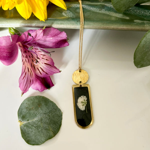 Baby's Breath Necklace in Black with Brass Coin