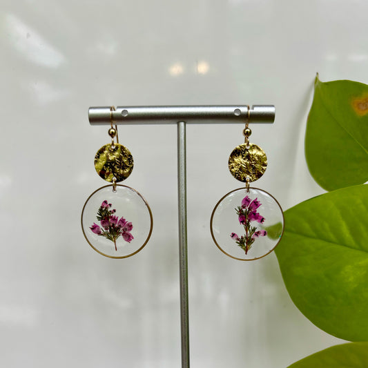 Round Heather Earrings with Hammered Brass