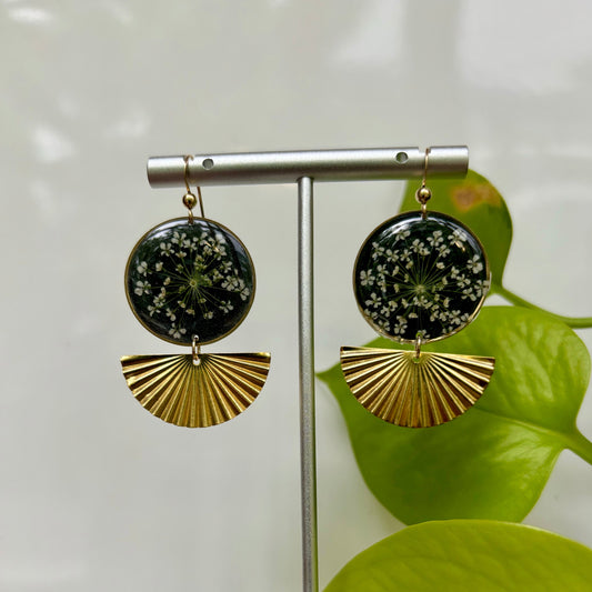 Black Queen Anne's Lace Earrings with Brass Fan