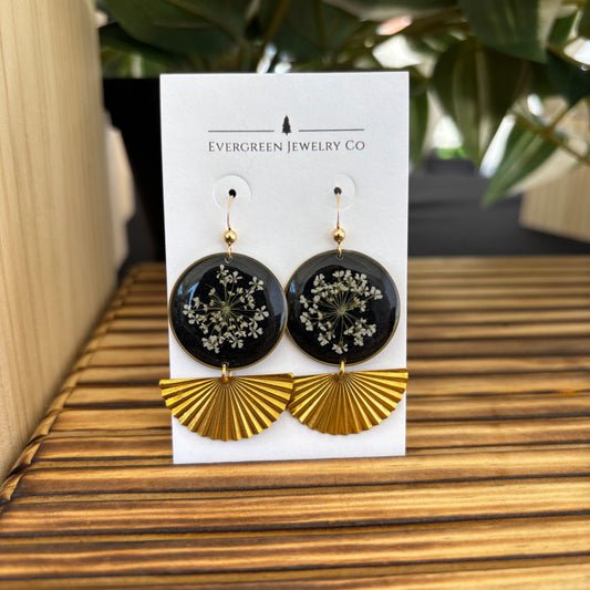 Black Queen Anne's Lace Earrings with Brass Fan