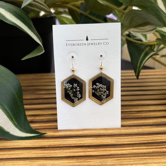 Black Hexagon Queen Anne's Lace Earrings
